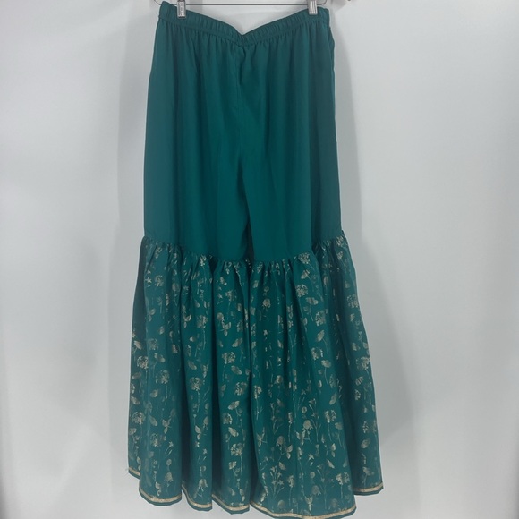 Janasya 2 Peice set teal green tunic & flare bell bottoms gold metallic florals - Picture 11 of 16